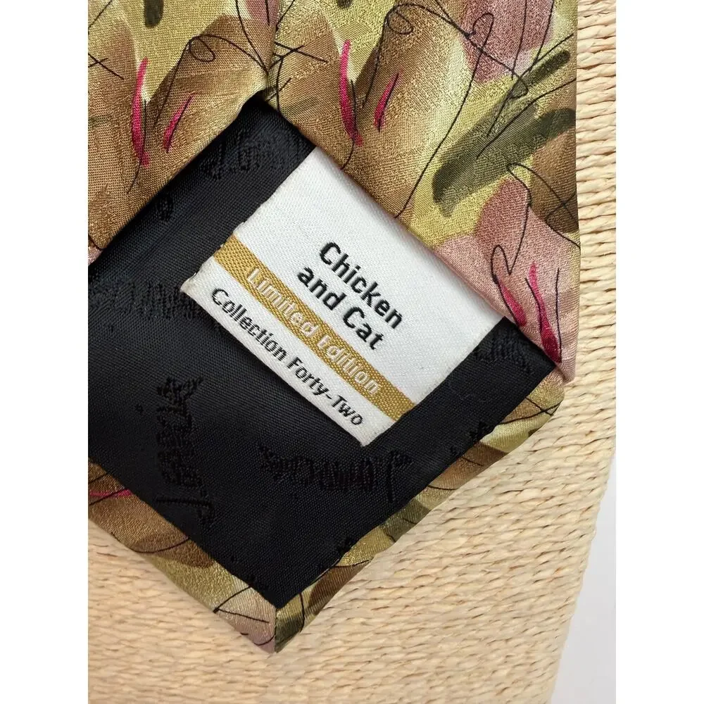 J Garcia Chicken and Cat Silk Tie Collection 42 Gold Mauve Limited Edition